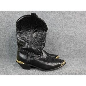 Vintage Acme Black Leather Cowboy Boots Size 9.5 Men's Western Gold Toe Heel Tip